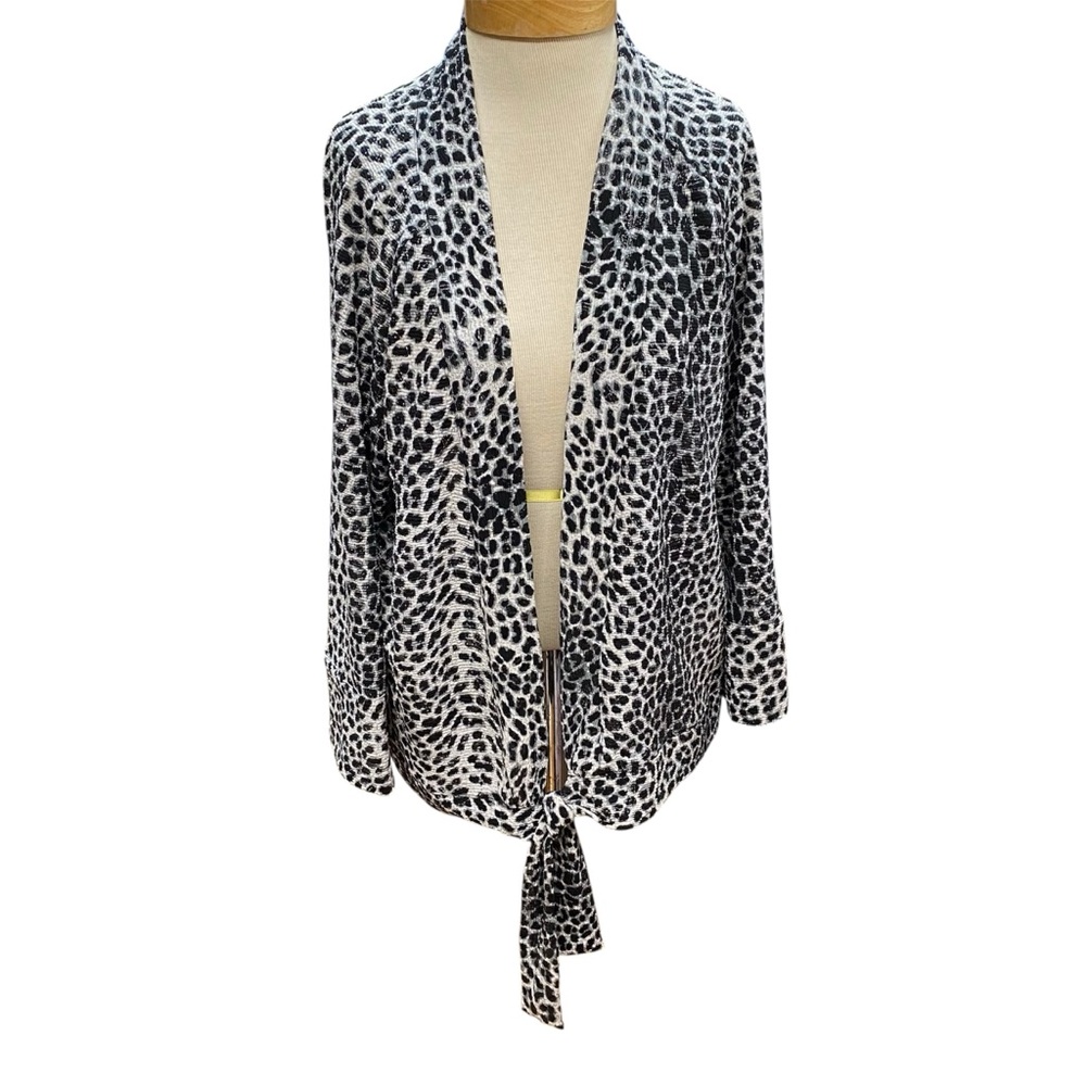 Chico's Animal Print Tie Front Cardigan Size 3-XL Black White Metallic Polyester